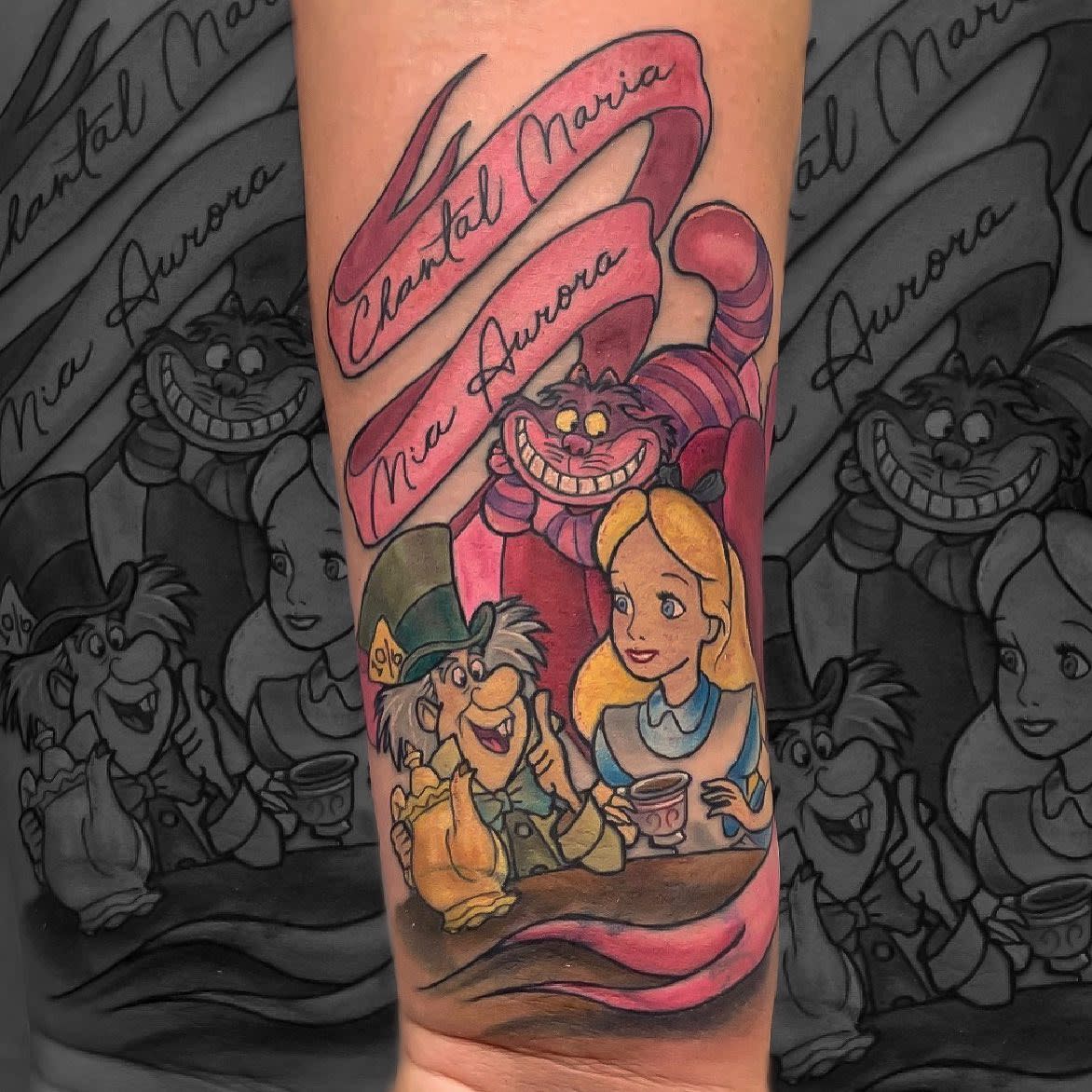 Tattoo of Alice in Wonderland characters with a ribbon reading "Chantal Maria Mia Aurora"